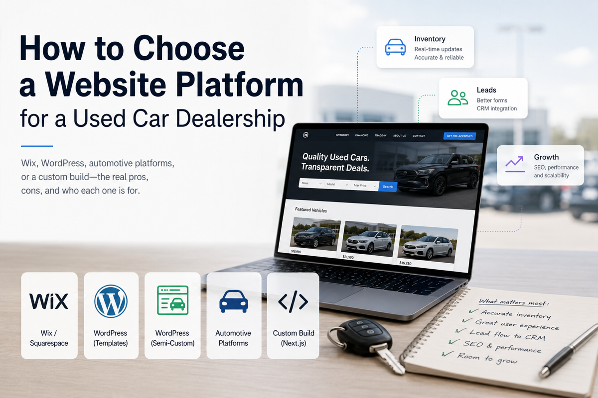 How to choose a website platform for a used car dealership — Wix, WordPress, automotive platforms, and custom build